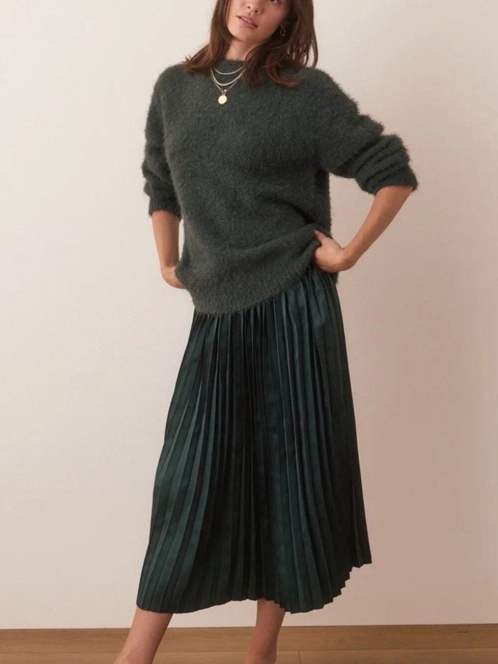Marine Layer | Dark Green Pleated Midi Skirt & Teddy Eyelash Sweater